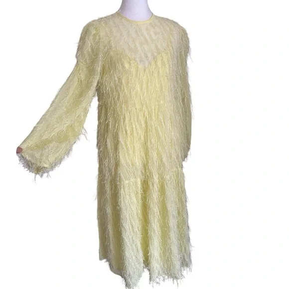 Asos Design Women’s Tiered Midi Dress Fluffy Texture Pale Yellow Size 6 Lined - Picture 3 of 15